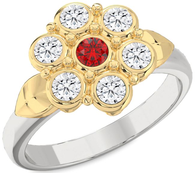 Diamond Ruby Gold Silver Flower Ring