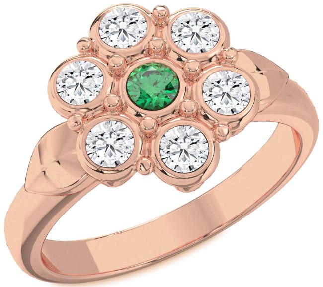 Diamond Emerald Rose Gold Silver Flower Ring