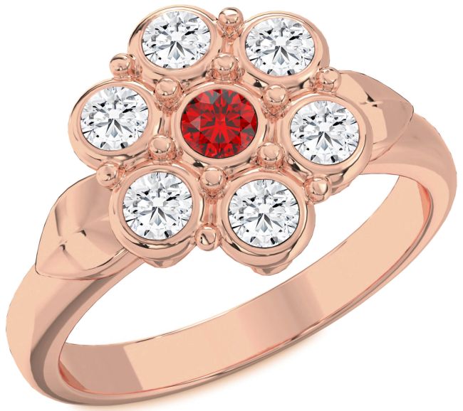 Diamond Ruby Rose Gold Silver Flower Ring
