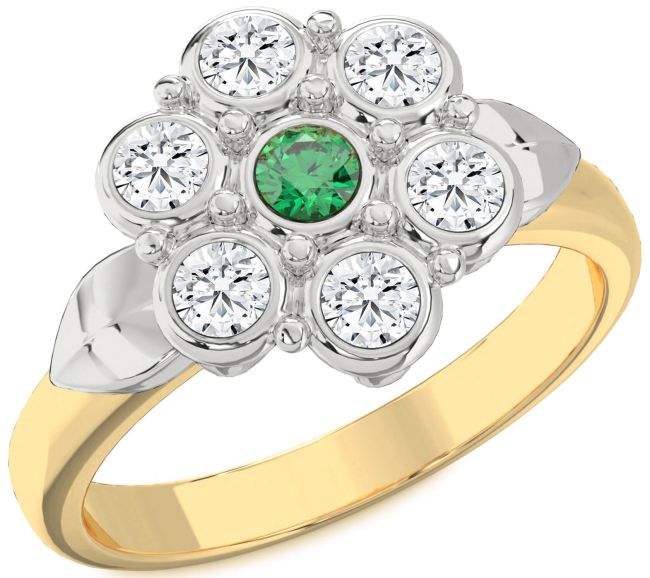 Diamond Emerald Gold Silver Flower Ring