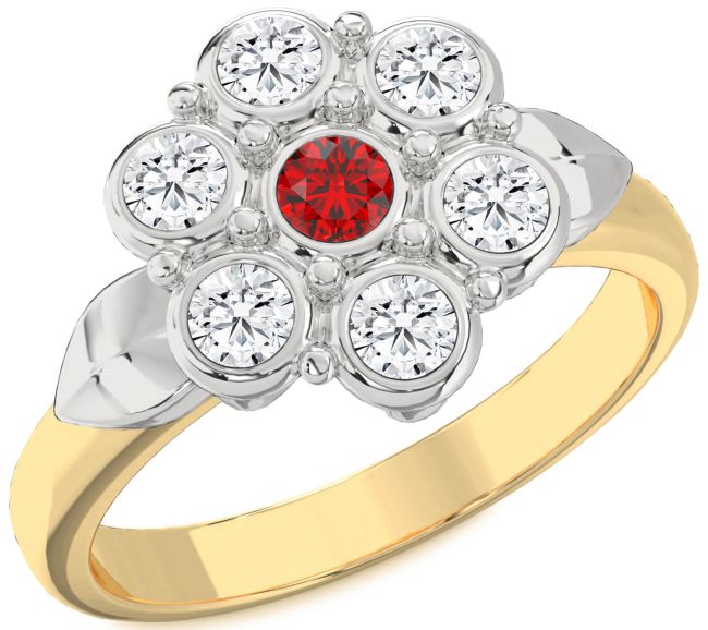 Diamond Ruby Gold Silver Flower Ring