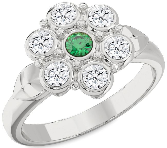 Diamond Emerald Platinum Flower Ring