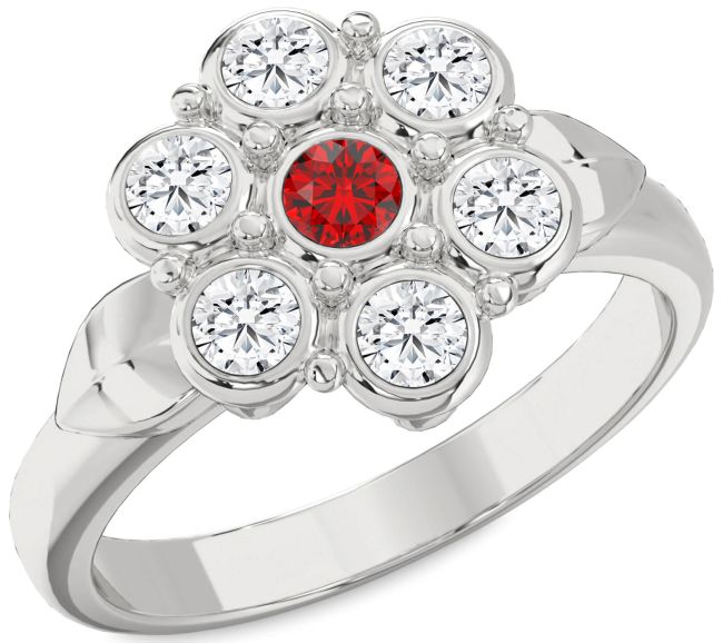 Diamond Ruby Silver Flower Ring