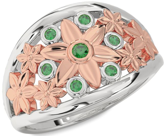 Emerald Rose Gold Silver Flower Ring