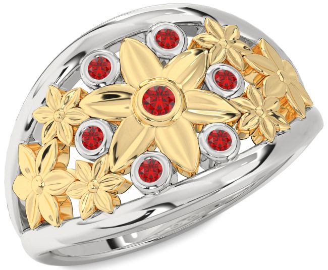 Ruby White Yellow Gold Flower Ring