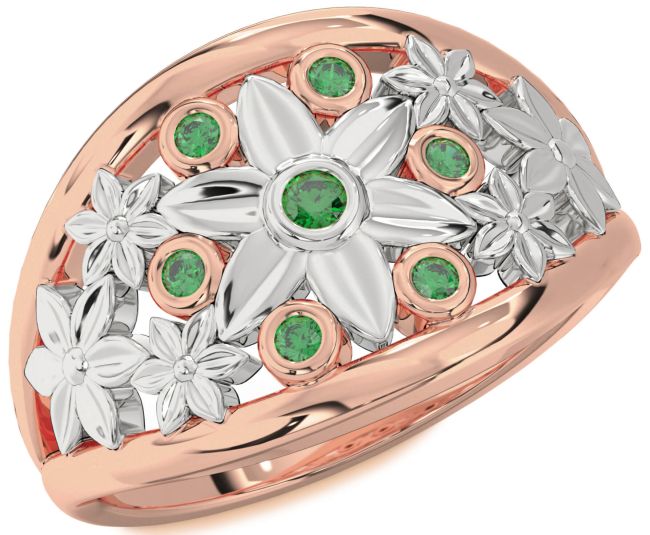 Emerald Rose Gold Silver Flower Ring