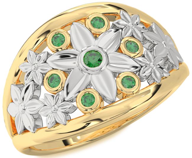 Emerald Gold Silver Flower Ring