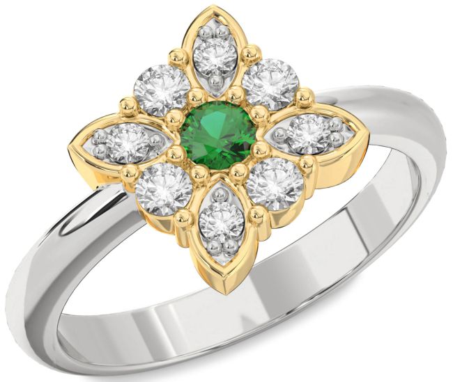 Diamond Emerald Silver & 10K gold Flower Ring