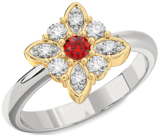 Diamond Ruby Platinum & Yellow Gold Flower Ring