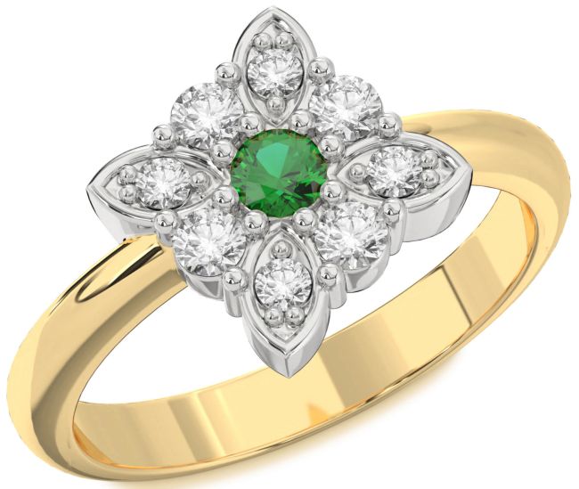 Diamond Emerald Gold Silver Flower Ring