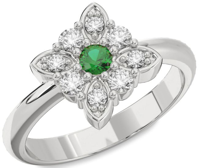 Diamond Emerald Silver Flower Ring