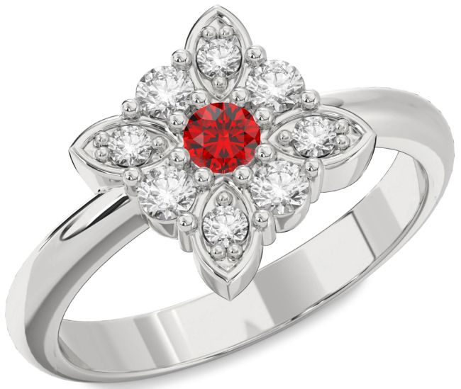 Diamond Ruby Silver Flower Ring