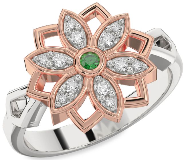 Diamond Emerald Silver & 10K Rose Gold Flower Ring