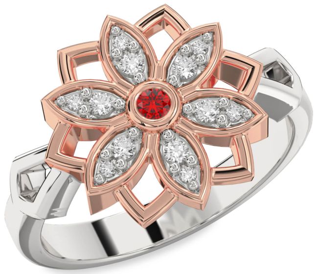 Diamond Ruby Rose Gold Silver Flower Ring