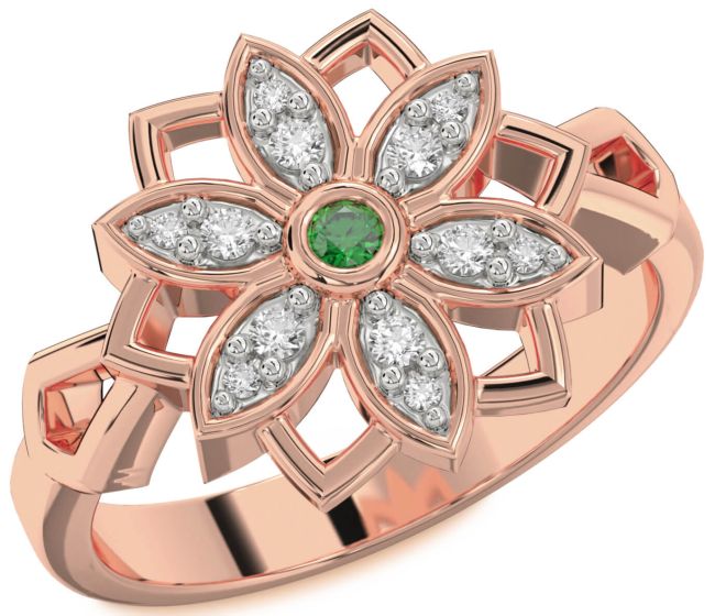 Diamond Emerald Rose Gold Flower Ring