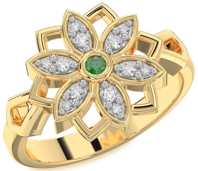 Diamond Emerald Gold Flower Ring