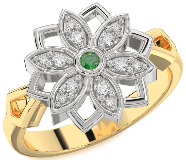 Diamond Emerald White Yellow Gold Flower Ring