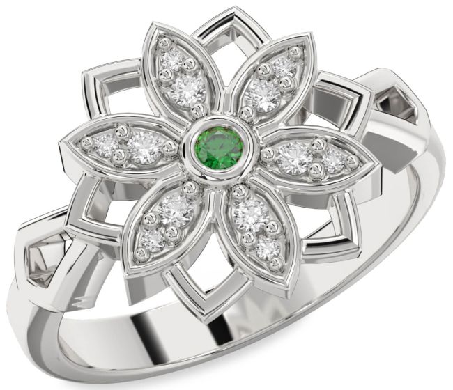 Diamond Emerald Silver Flower Ring