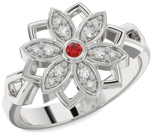 Diamond Ruby Silver Flower Ring