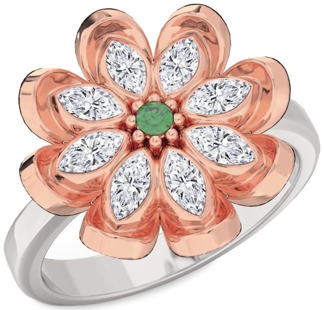 Diamond Emerald White Rose Gold Flower Ring