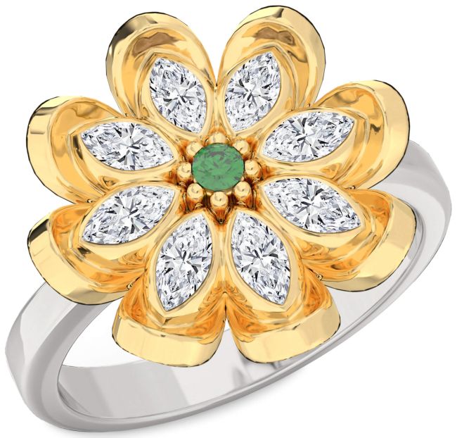 Diamond Emerald Gold Silver Flower Ring