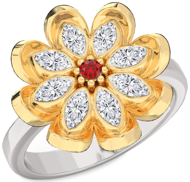 Diamond Ruby Platinum & Yellow Gold Flower Ring