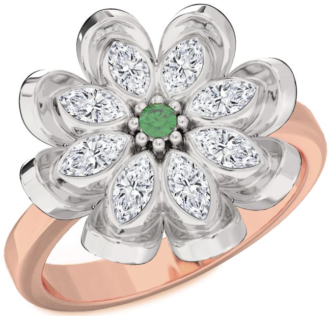 Diamond Emerald White Rose Gold Flower Ring