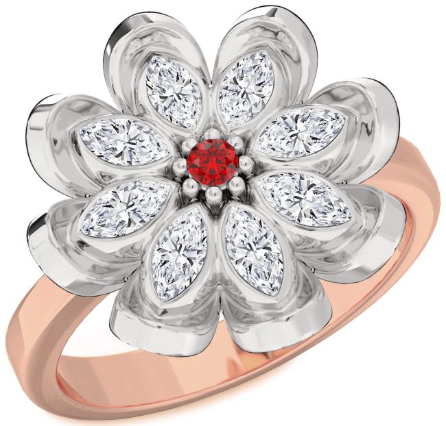 Diamond Ruby Rose Gold Silver Flower Ring