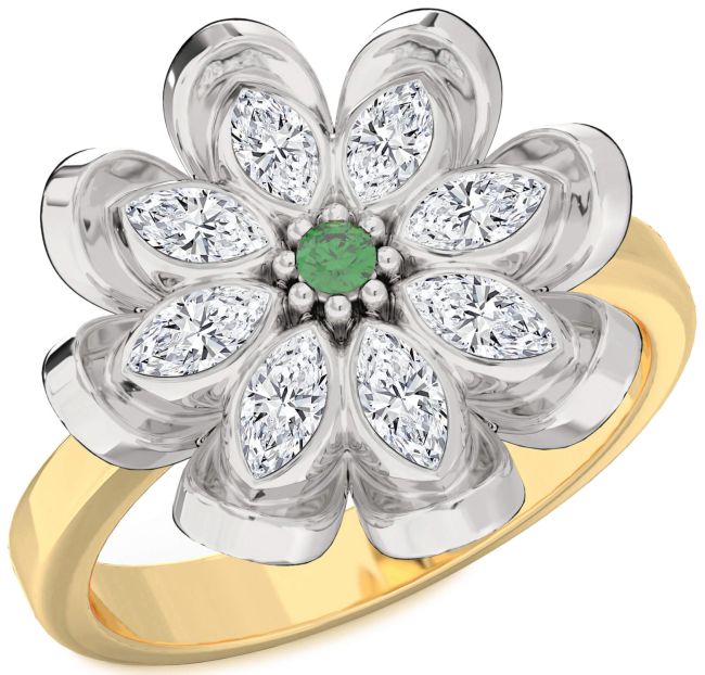 Diamond Emerald Gold Silver Flower Ring