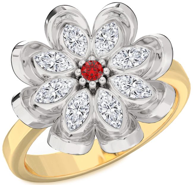 Diamond Ruby Platinum & Yellow Gold Flower Ring