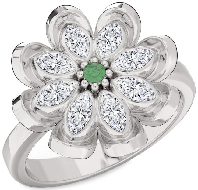 Diamond Emerald White Gold Flower Ring