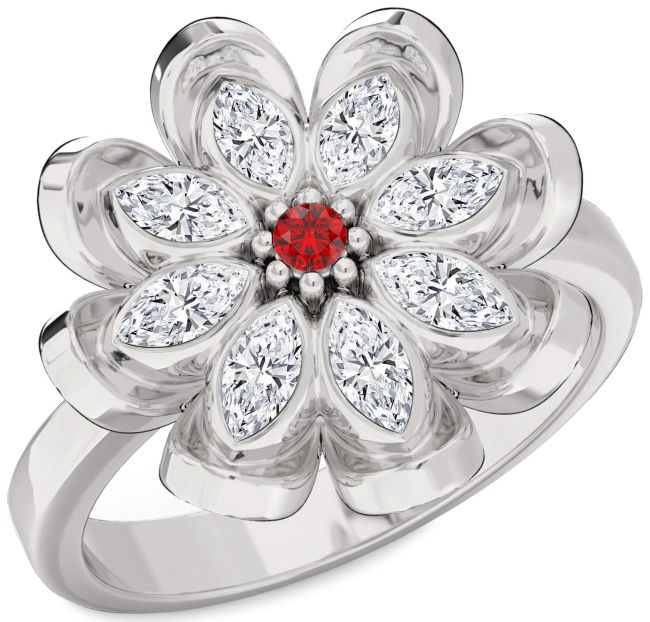 Diamond Ruby Silver Flower Ring