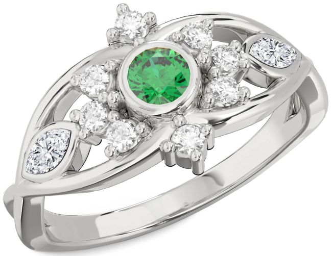 Diamond Emerald Silver Round Engagement Ring