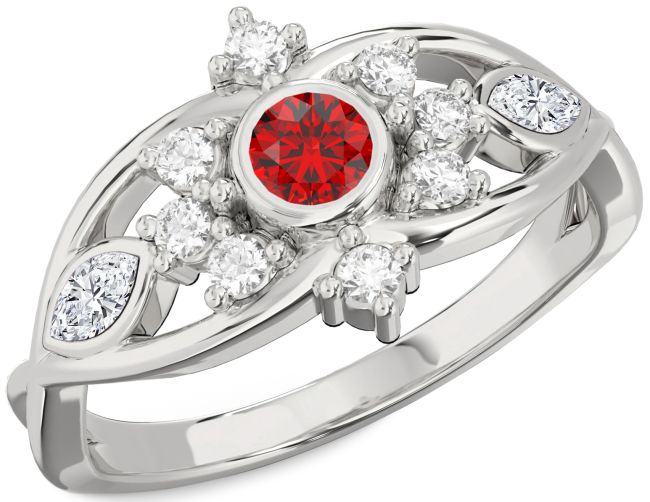 Diamond Ruby Silver Round Engagement Ring