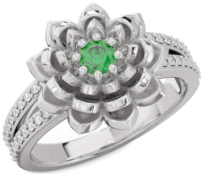 Diamond Emerald Silver Flower Round Pave Promise Ring