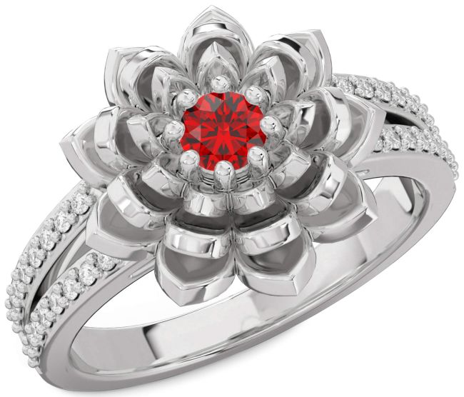 Diamond Ruby Platinum Flower Round Pave Promise Ring