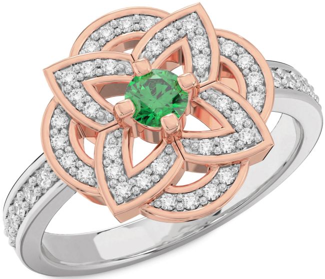 Diamond Emerald Silver & 10K Rose Gold Flower Ring