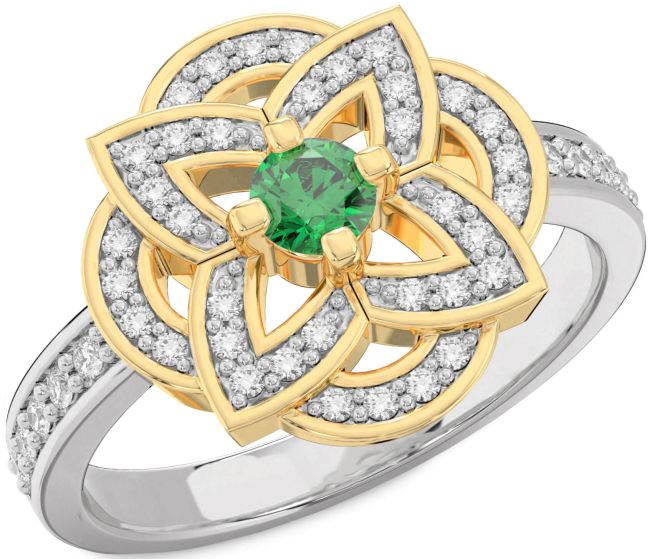 Diamond Emerald Silver & 10K gold Flower Ring