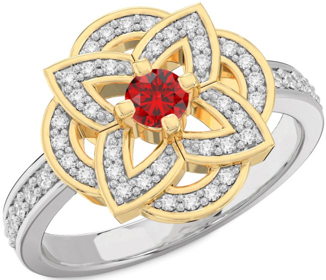 Diamond Ruby Silver & 10K gold Flower Ring