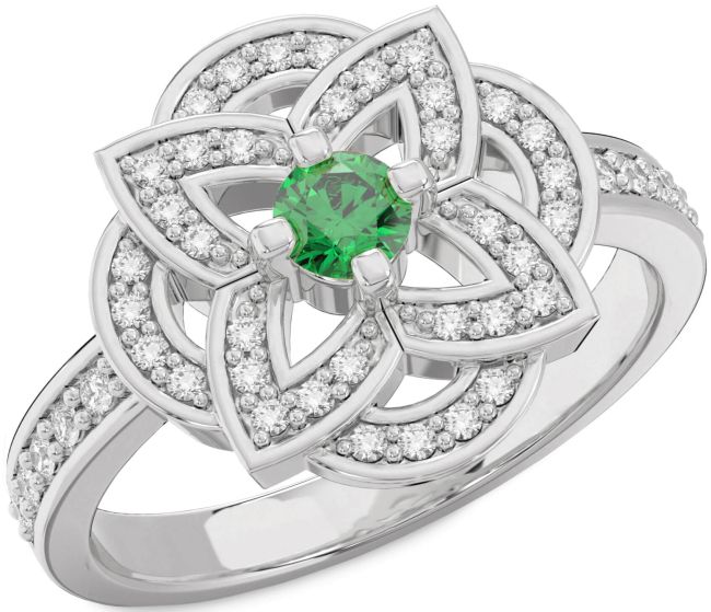 Diamond Emerald Silver Flower Ring