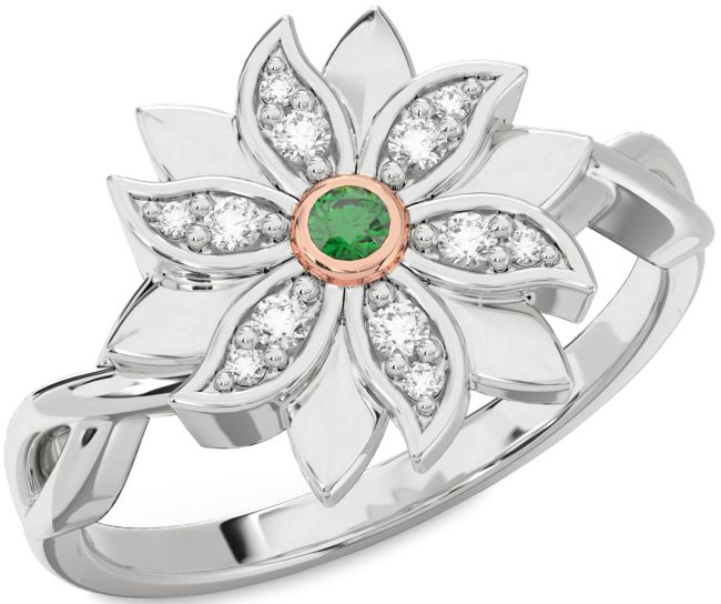 Diamond Emerald Silver & 10K Rose Gold Flower Ring