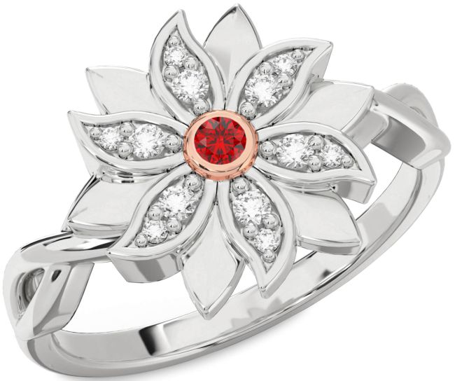 Diamond Ruby Silver & 10K Rose Gold Flower Ring