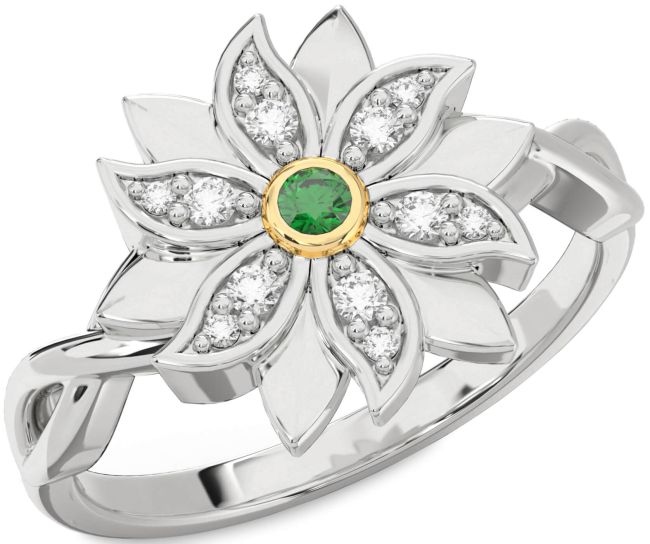 Diamond Emerald Platinum & Yellow Gold Flower Ring