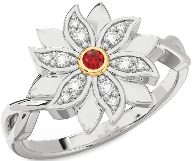 Diamond Ruby Gold Silver Flower Ring