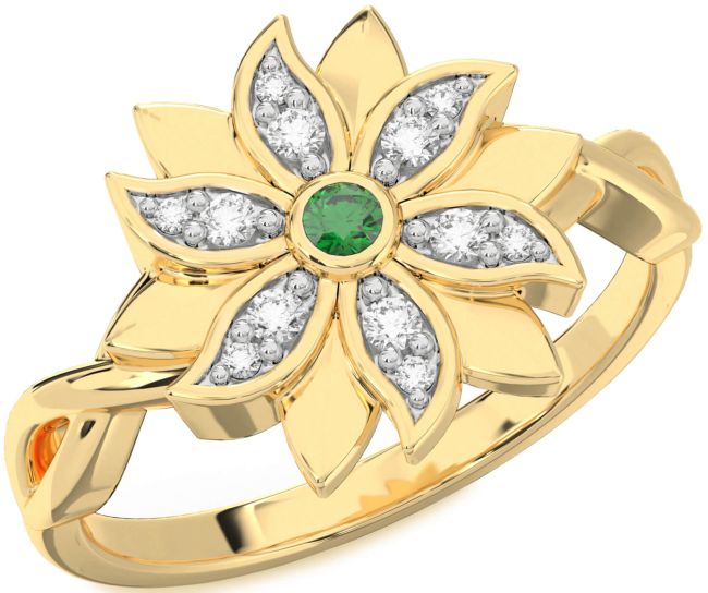 Diamond Emerald Gold Flower Ring