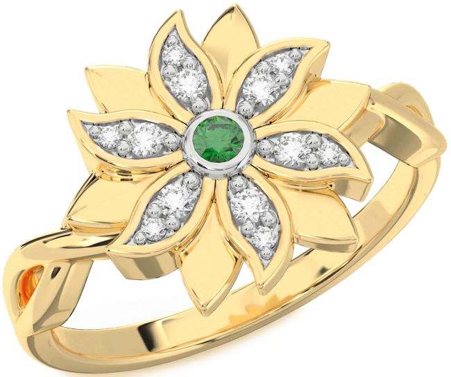 Diamond Emerald Platinum & Yellow Gold Flower Ring
