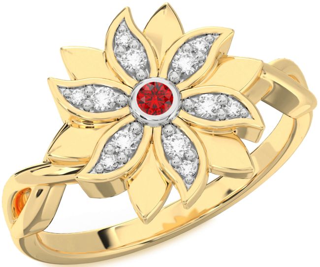 Diamond Ruby White Yellow Gold Flower Ring