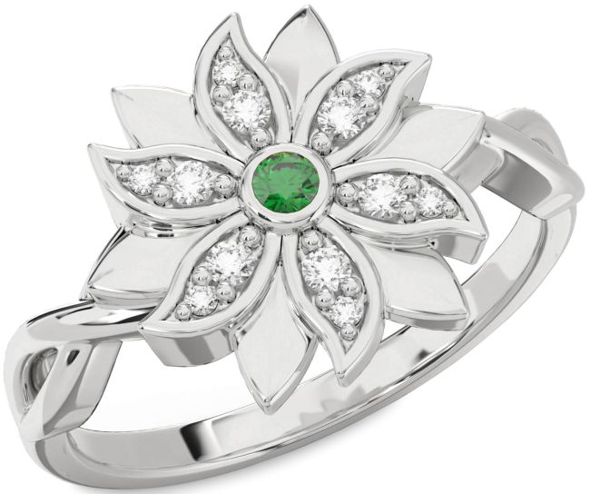 Diamond Emerald Platinum Flower Ring