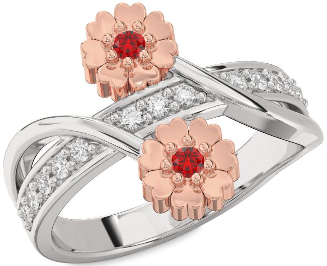 Diamond Ruby Silver & 10K Rose Gold Flower Ring