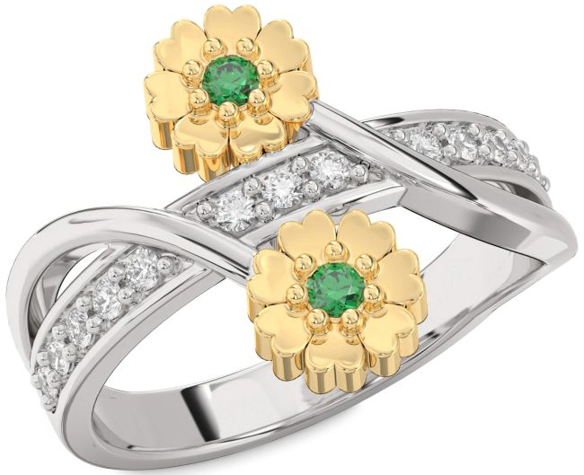 Diamond Emerald Platinum & Yellow Gold Flower Ring